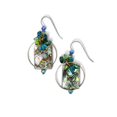 On both earrings, a rectangle piece of abalone dangles from titanium hook with brass hoop showing from behind. Beads with similar colours to the abalone made of Swarovski crystal and glass adorn the top and bottom. By Honica.