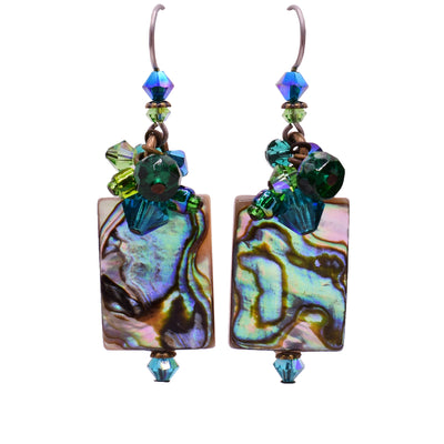Dangle drop earrings made of Swarovski crystal, glass and abalone. Titanium hooks. By Honica.