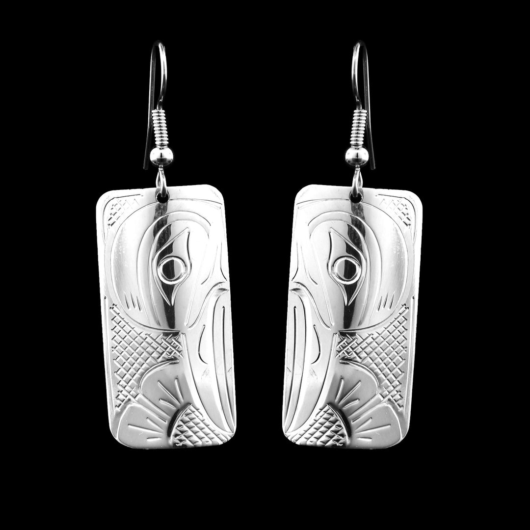 Sterling Silver Rectangular Hummingbird Earrings. Hand crafted with the legend of the Hummingbird in the rectangular hangs.