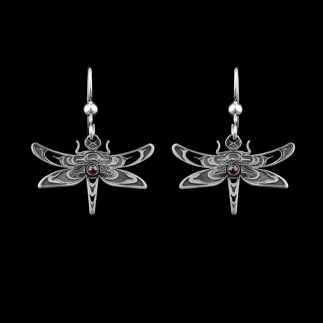 Red Garnet and Sterling Silver Dragonfly Earrings