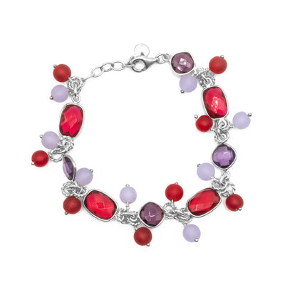 Sterling silver chain bracelet with ruby quartz, amethyst and purple and red glass. 7” long with 1” extension.