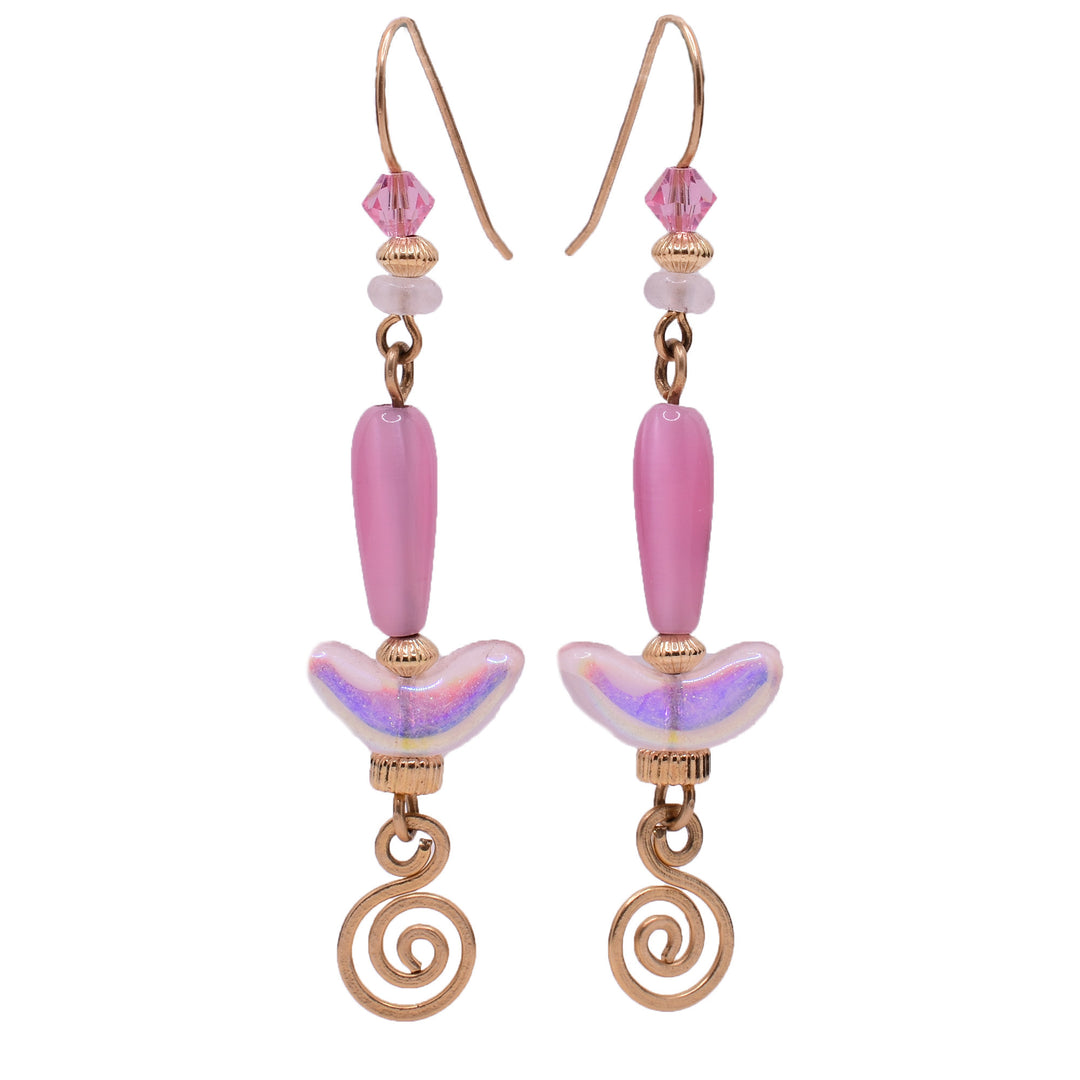 12K gold-fill dangle earrings made of cat's eye glass, Austrian crystal, rolled gold beads, European glass and rose quartz. By Honica.