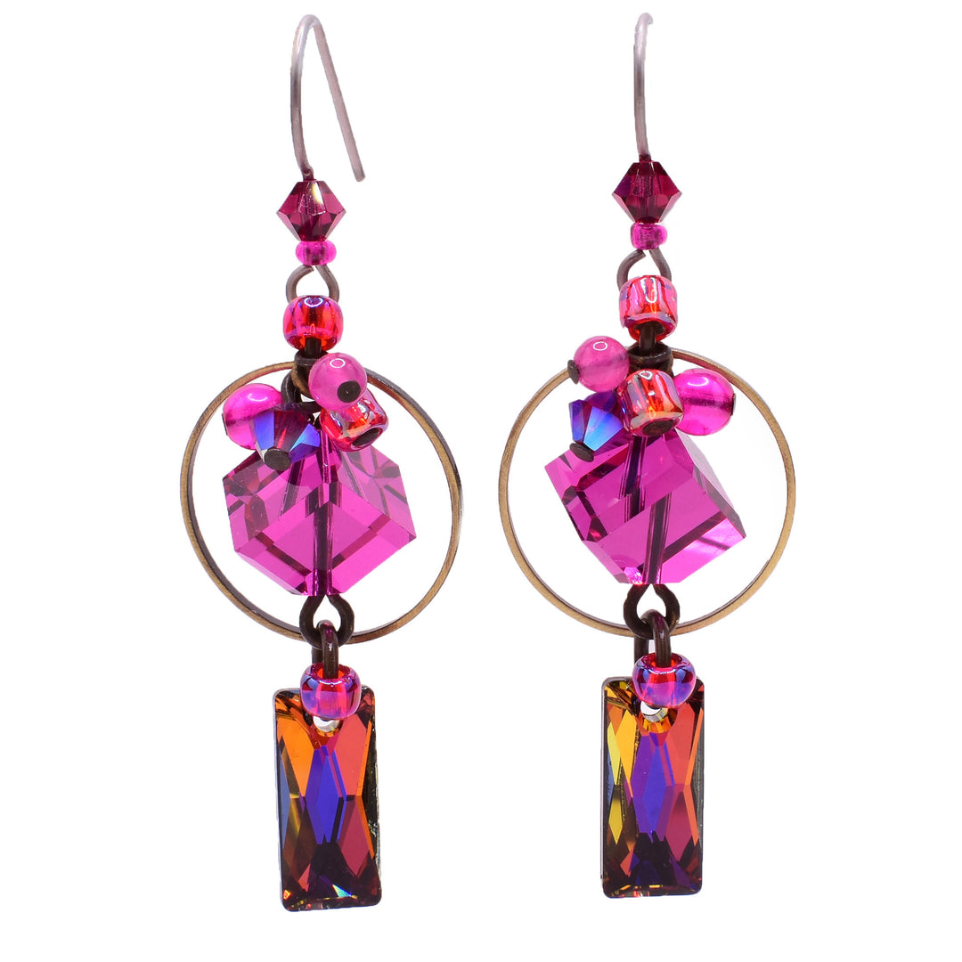 Crystal drop earrings made of Swarovski crystal, handworked brass and glass. Titanium ear hooks. By Honica.