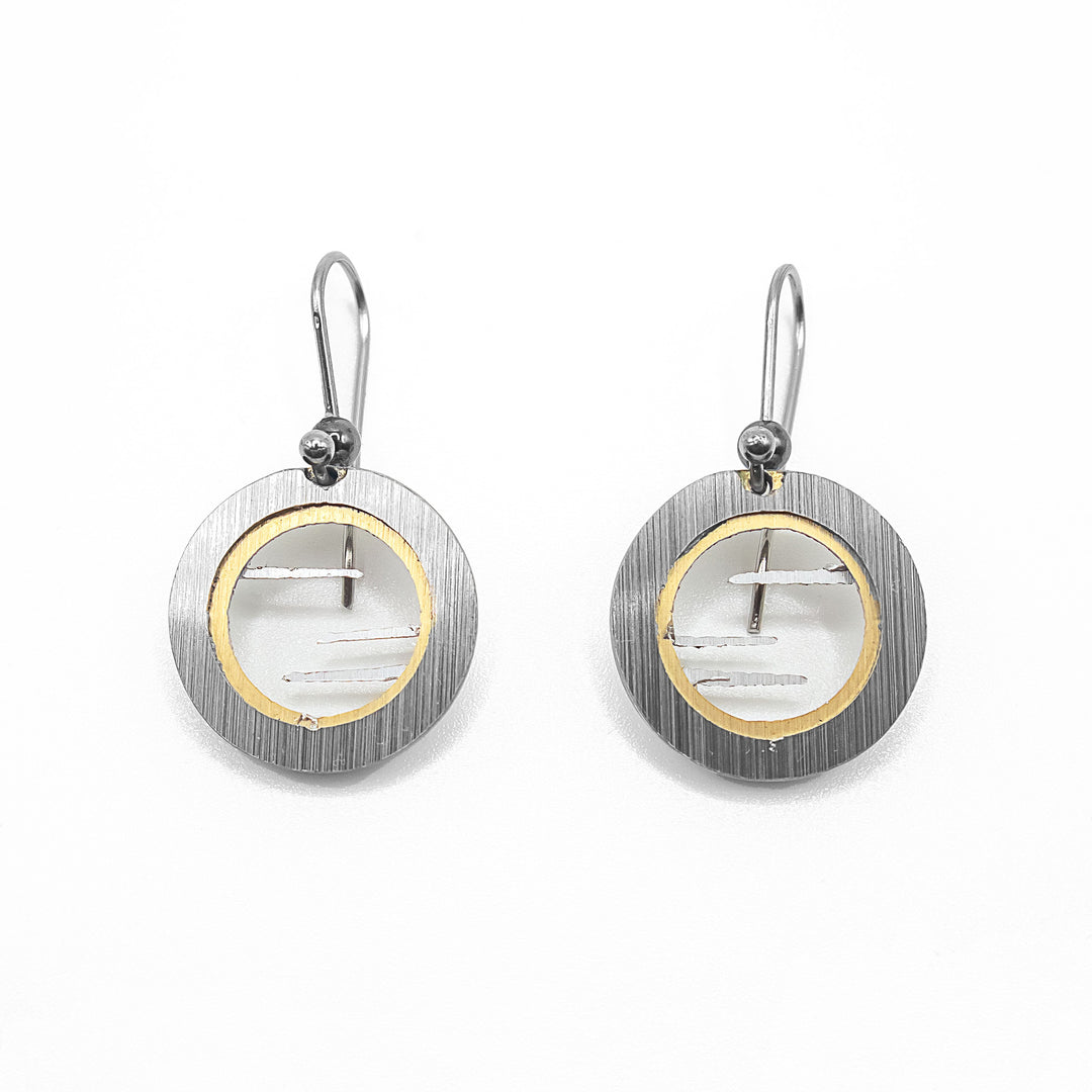 Anodized and brushed round aluminum open earrings by artist JR Franco. Minimalist design. Stainless steel hooks.