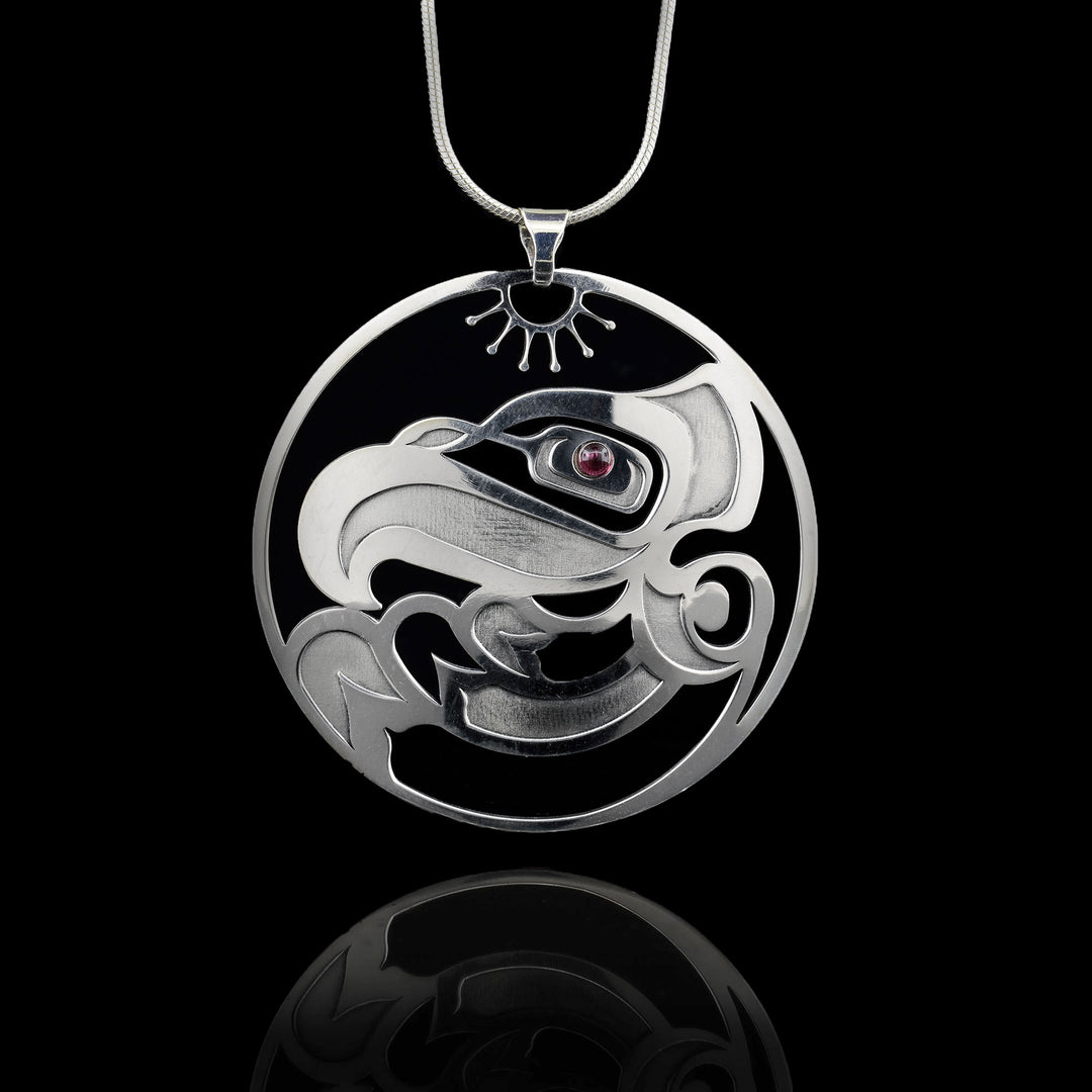 Round Sterling Silver Eagle Pendant With Garnet