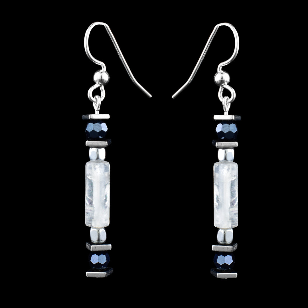 Rutilated Quartz &  Hematite Crystal Cylinder Dangle Earrings