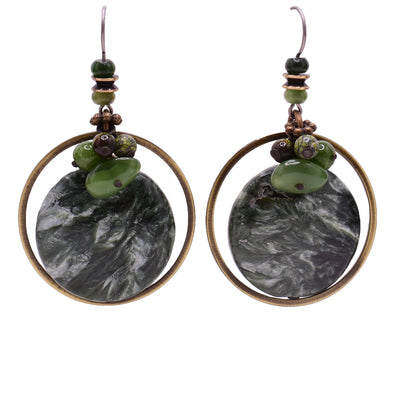 Dangle earrings made of aventurine, seraphinite, BC jade, jasper and bamboo. Titanium hooks. By Honica.