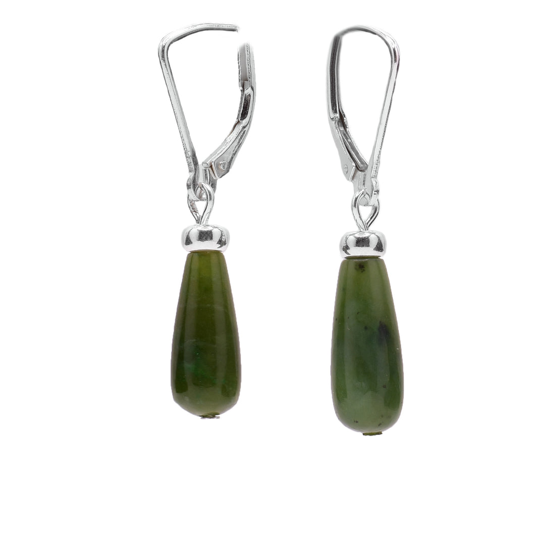 These dangling jade silver earrings have long, crystal shaped BC jade hangs that are attached to the hooks from sterling silver.