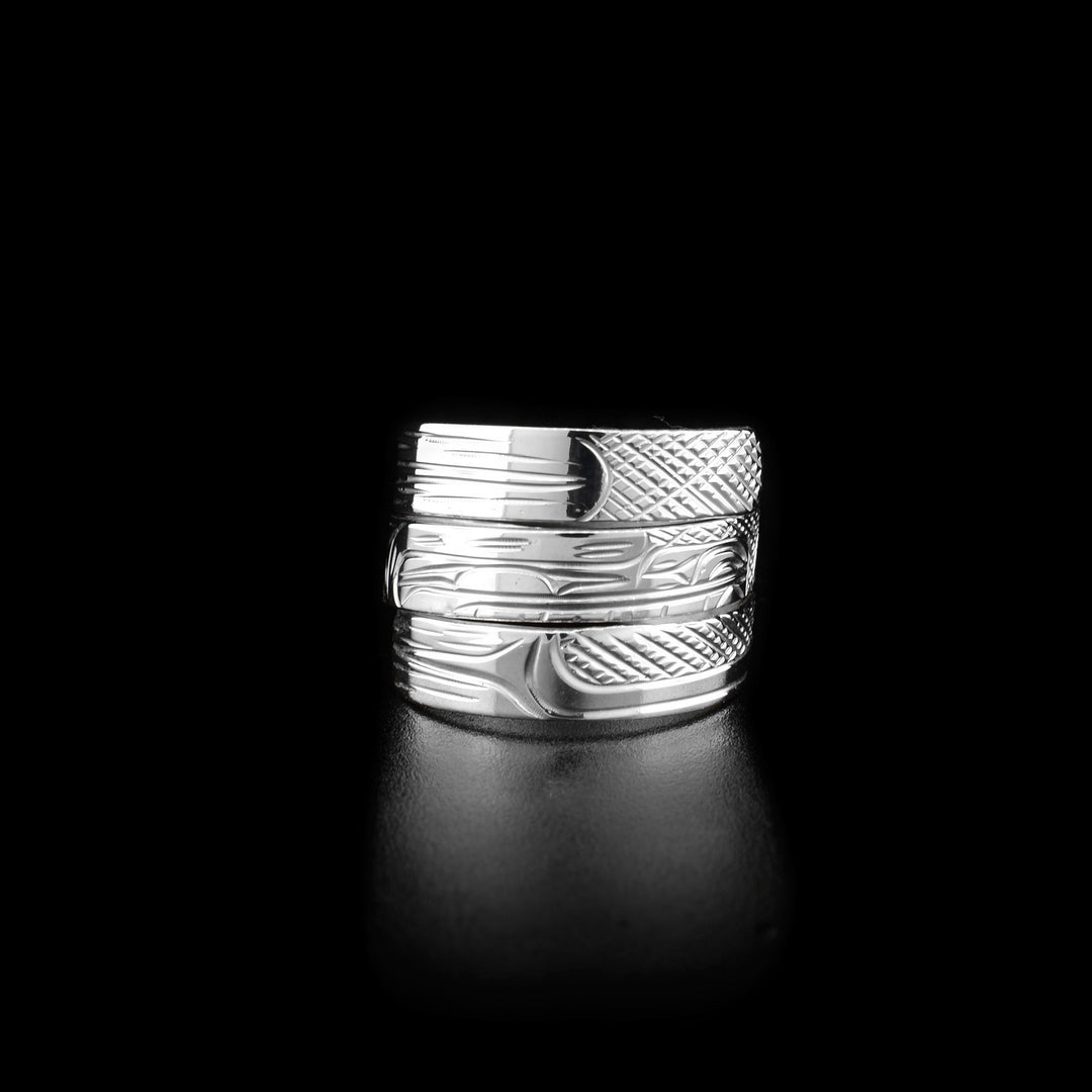 Front view of ring. Ring wraps around three times. Side view of bear’s face carved into middle wrap.