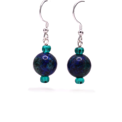 Round chrysocolla beads with little turquoise glass beads above and below. Sterling silver hooks.