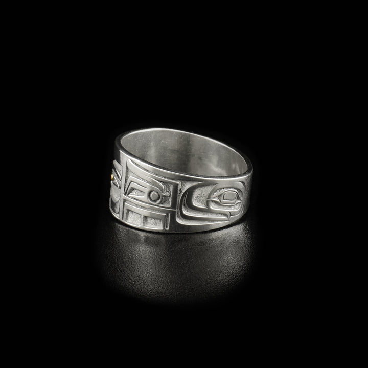 This 14k gold ring is designed to resemble Chilkat bentwood box. Front depicts a face. Pupils are made of 18K gold and rest of ring is sterling silver.