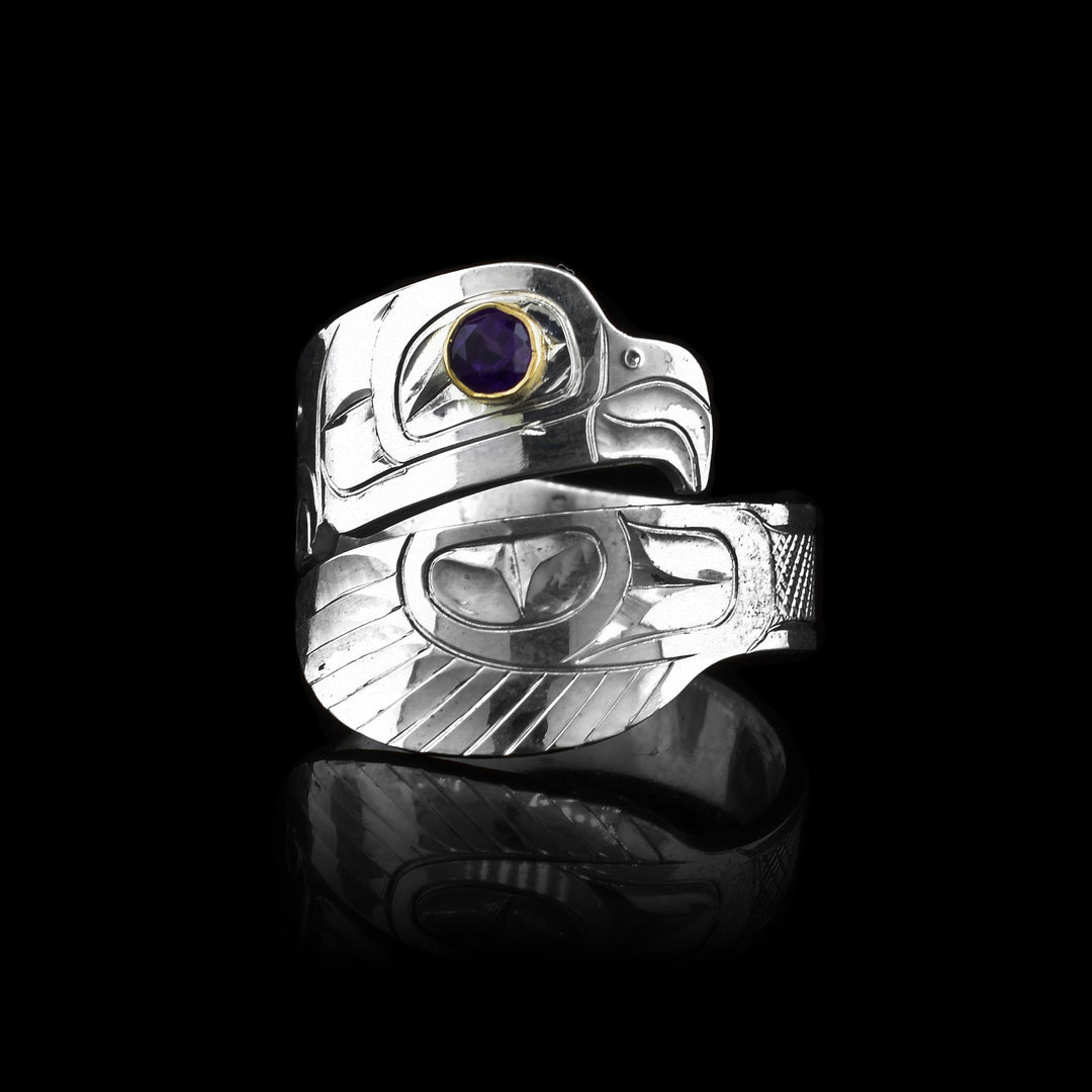 Silver & Gold Eagle Wrap Ring with Amethyst, Made with sterling silver and 14k gold holding the amethyst eye of the eagle.