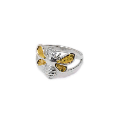 Sterling silver ring with silver bee on front with 22K gold nuggets on wings.