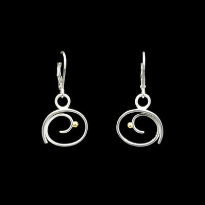 Sterling silver dangle earrings with swirl design. Each swirl has a 14K gold ball inside on swirl. Lever-back hooks.