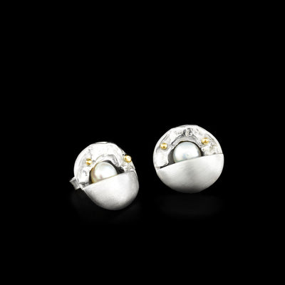 Sterling silver and 14K yellow gold white freshwater mabe pearls stud earrings. By Ivan Dobren. Abstract design.