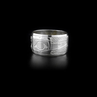 Sterling silver ring with hand-carved design featuring a hummingbird. 0.5” wide band.