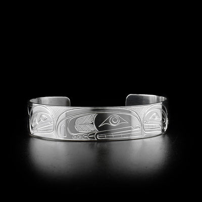 Large size sterling silver cuff bracelet featuring three orcas.