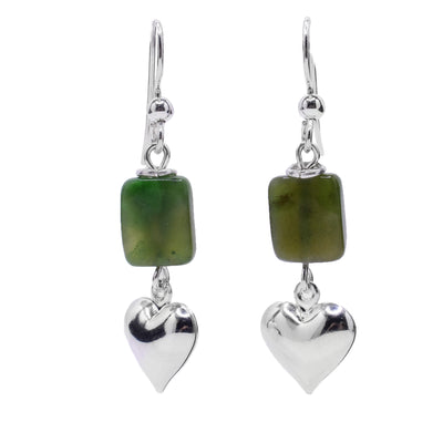 Earrings feature rectangular BC jade beads with silver-plated hearts dangling below. Sterling silver hooks.
