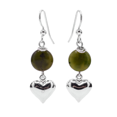 Earrings feature round BC jade beads with silver-plated hearts dangling below. Sterling silver hooks.
