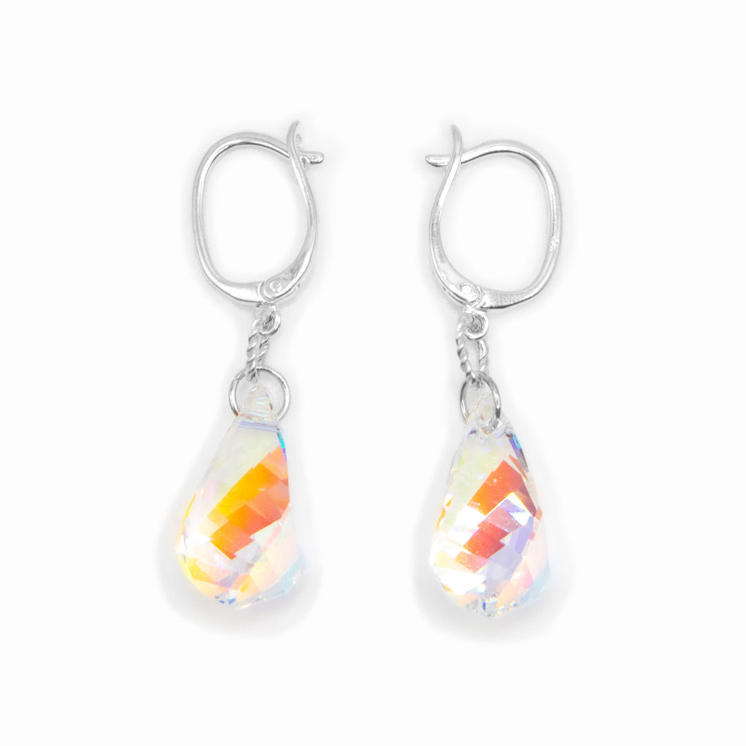 For each earring, there is a helix-shaped Aurora Borealis Swarovski crystal on a short sterling silver chain attached to a sterling silver lever-back hook. By artist Debra Nelson.