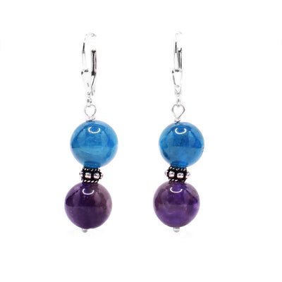 Kyanite and amethyst bead earrings with sterling silver on lever-back hooks.