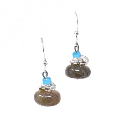 Sterling silver labradorite roundel earrings with interlocking hoops adornments and translucent blue glass beads.