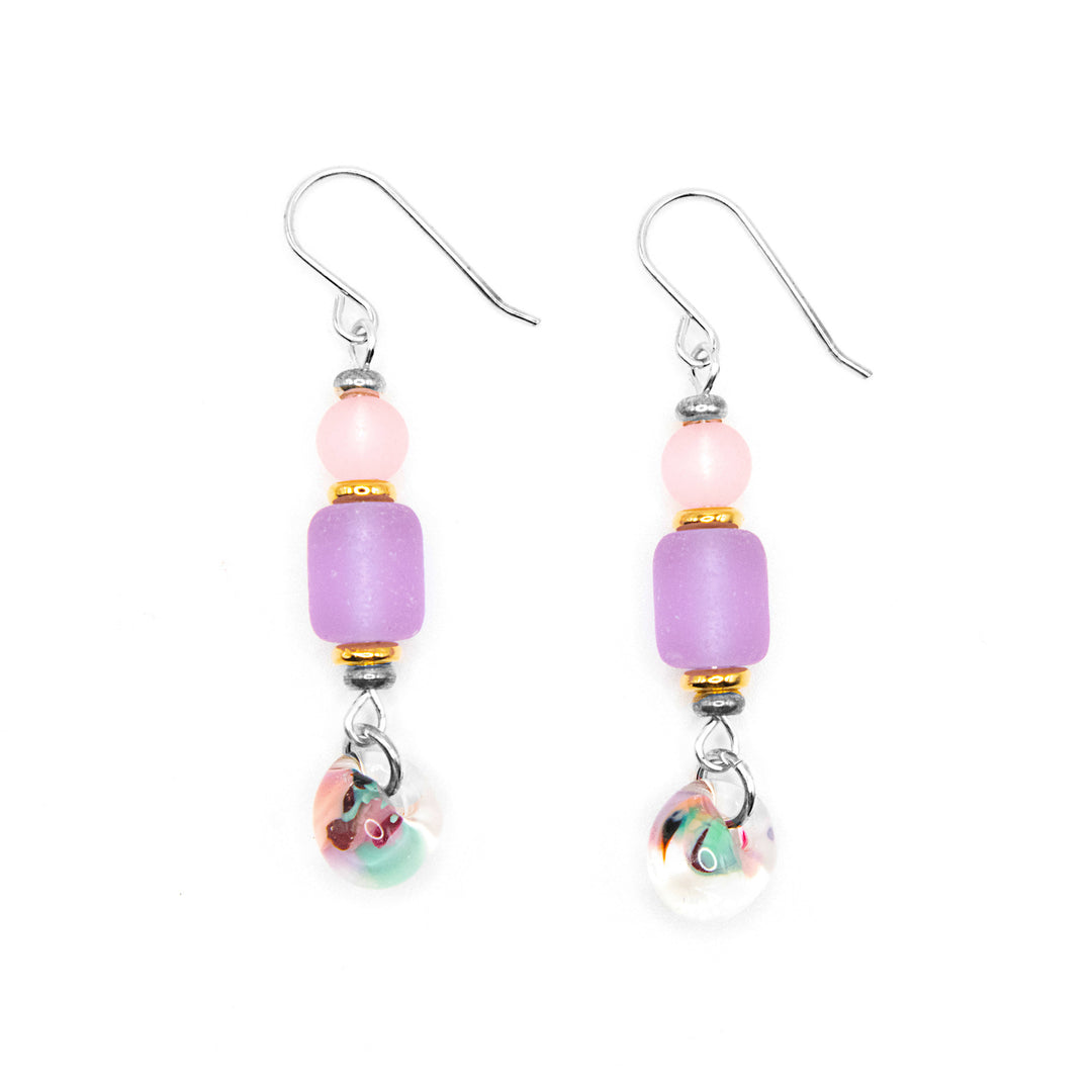 Sterling silver lavender cavendish dangle earrings by artist Elizabeth Burry. 2” long.