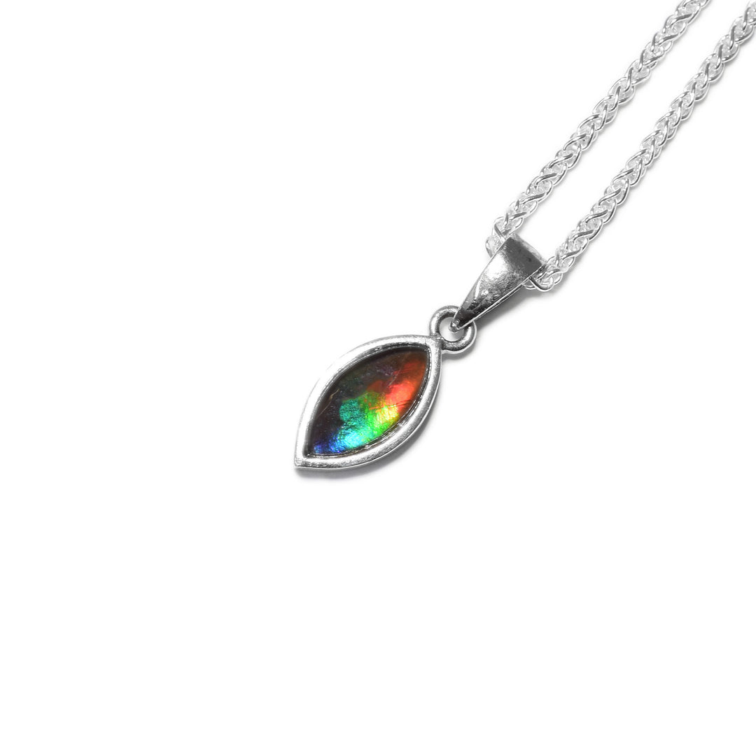 Sterling silver marquise AA-grade ammolite pendant.