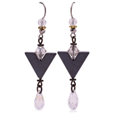 Dangle earrings made of Austrian crystal, glass and hematite. Titanium hooks. By Honica.