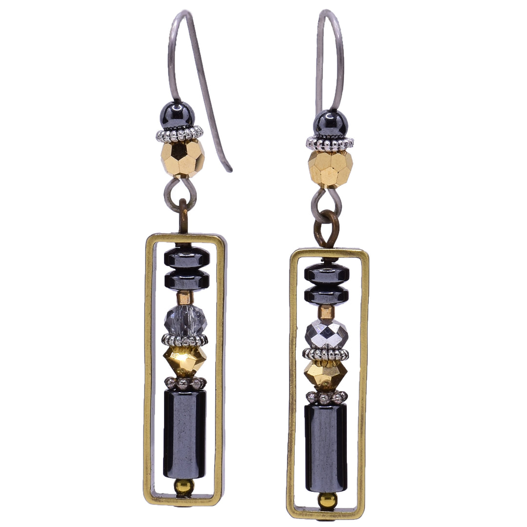 Dangle earrings made of Austrian crystal, hematine and glass. Titanium ear hooks. By Honica.