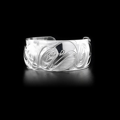 Left front view of sterling silver cuff bracelet showing eagle heads.