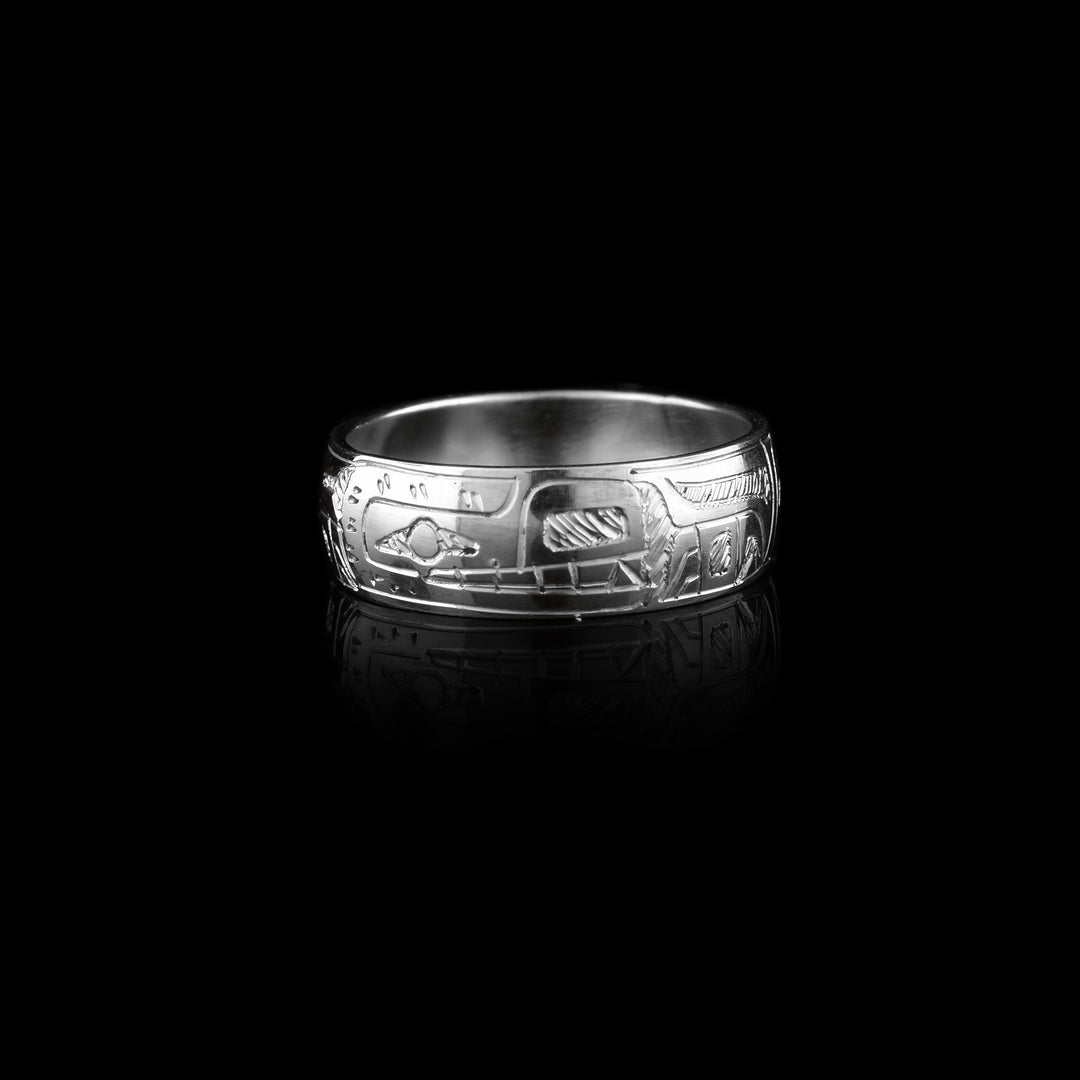 Sterling silver ring depicting a bear with a 0.25” wide band.