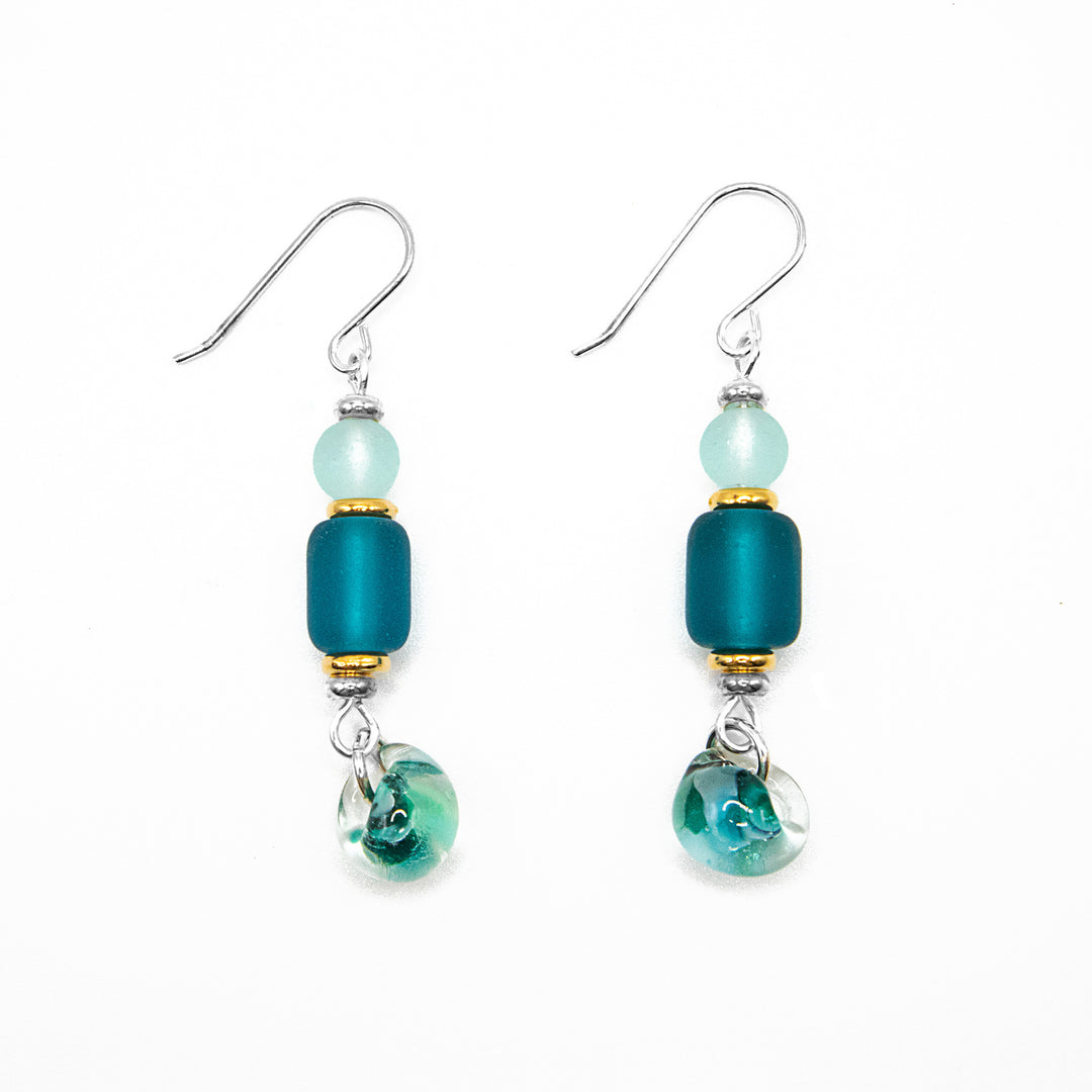 Sterling silver teal cavendish dangle earrings by artist Elizabeth Burry. 2” long.