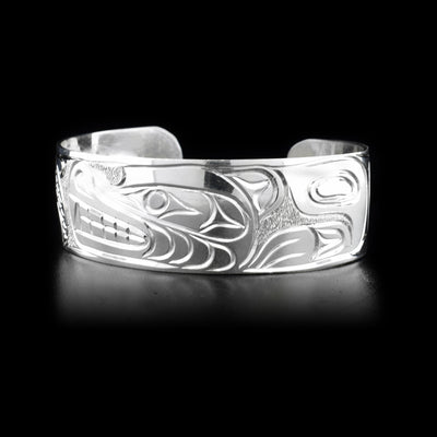 Sterling silver cuff bracelet featuring a salmon and a bear.