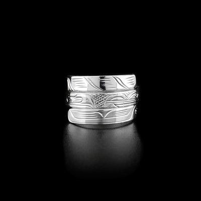 Front of wrap ring showing beak of raven and snout of wolf in middle section of ring. Design on top wrap belongs to wolf and design on lower wrap belongs to raven.