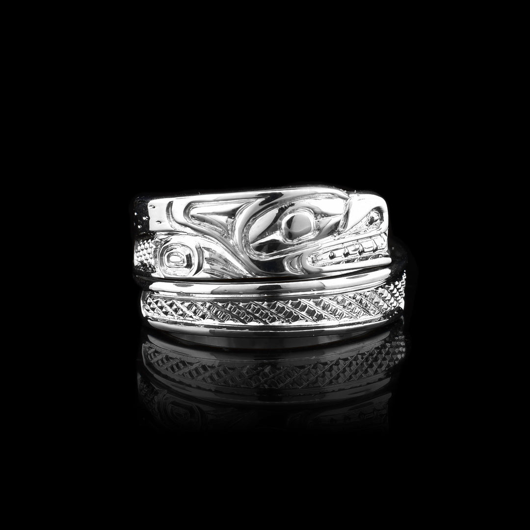 Silver Wolf Wrap Ring the head of the wolf is the start of the ring and has a unique crafted design of wolf indigenous art work and cross hatching through the ring.