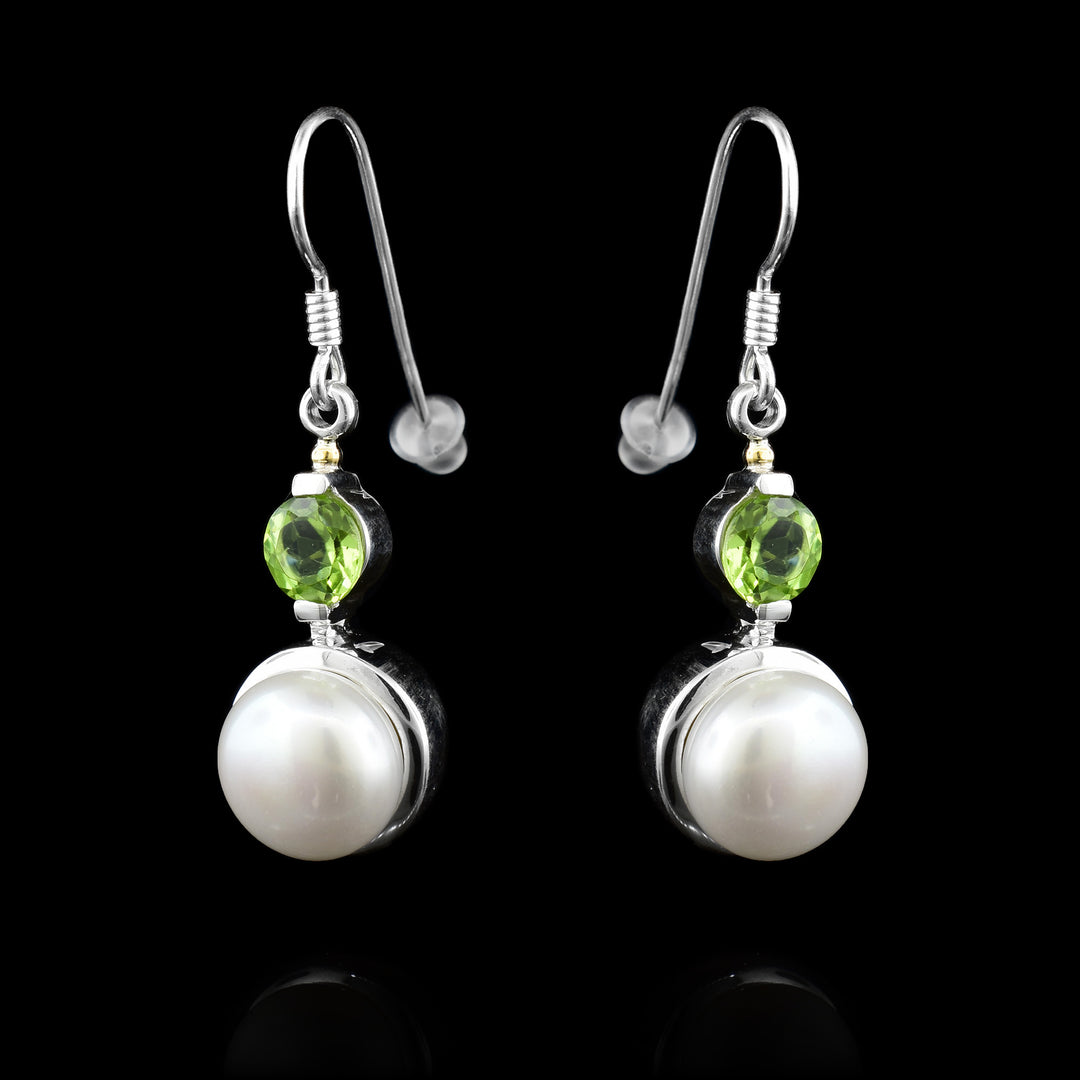 Silver and 14k Gold Dangle Earrings with Green Garnet and Pearl