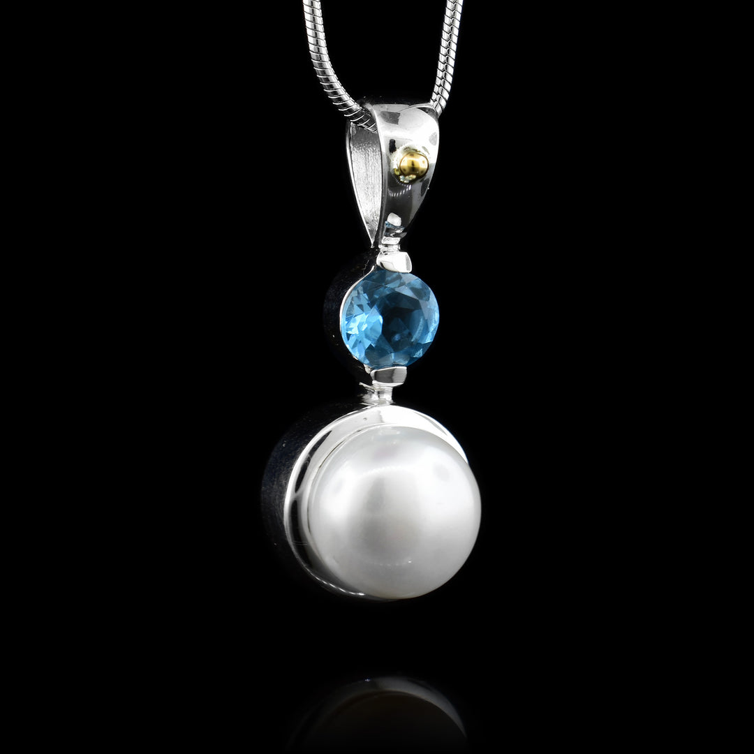 Silver and 14k Gold with Blue Topaz and Pearl Pendant