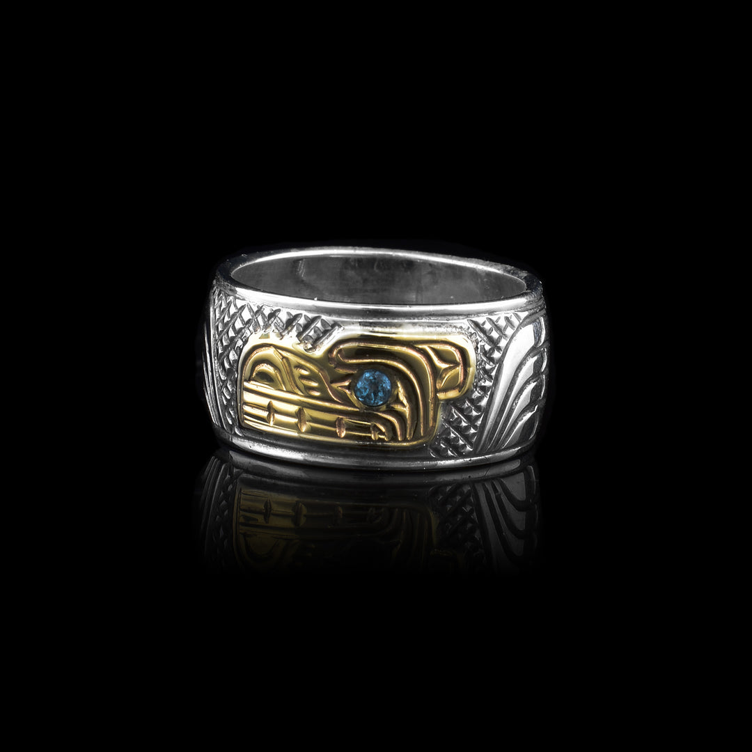 Silver and Gold Bear Ring with Blue Topaz. The bear face is made with 14k gold and the blue topaz is for the bears eye and the whole band is sterling silver.