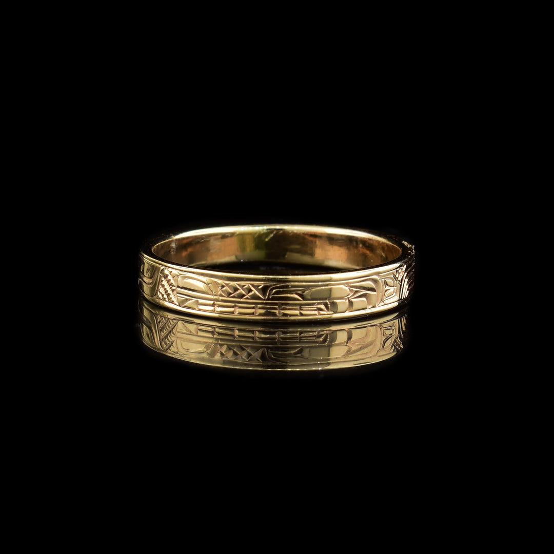 Slim 14K Gold Wolf Band Ring, Indigenous design of the wolf is hand carved all the way around the band.