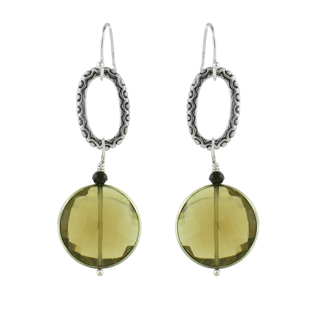 Circular Smokey Quarts hang from oval Sterling Silver Dangle Earrings