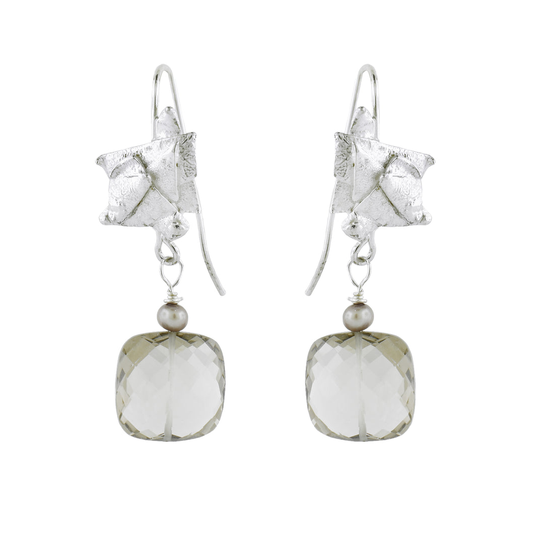 Smokey quartz and pearl dangle earrings handcrafted by Johanne Rousseau, set in sterling silver for a refined, artisan-made look.