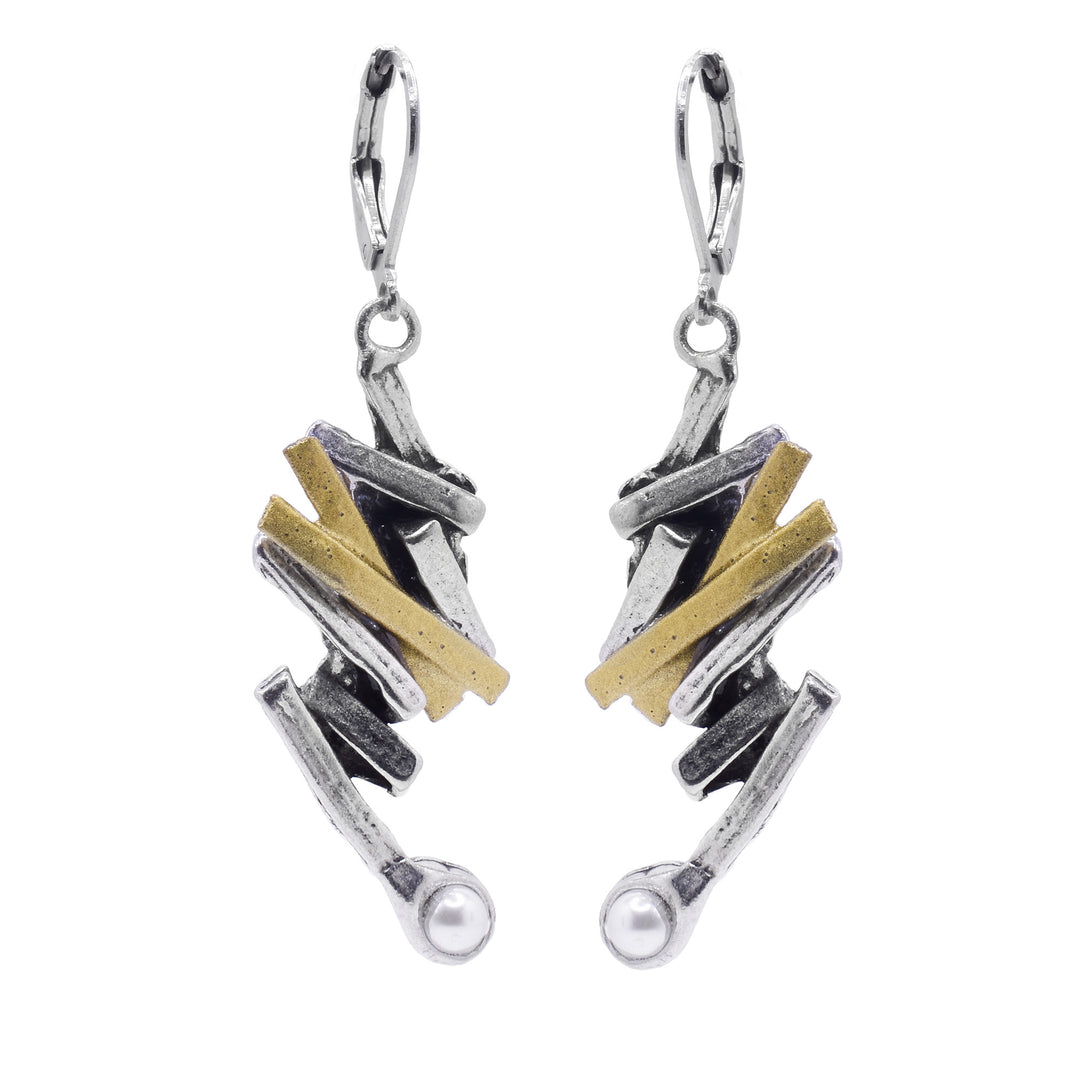 These pewter drop earrings are made from thin, pewter rectangles that connect to each other at different angles and drop down. There are two band of gold plated material on each piece and at the bottom of the hangs are round, Swarovski pearls.