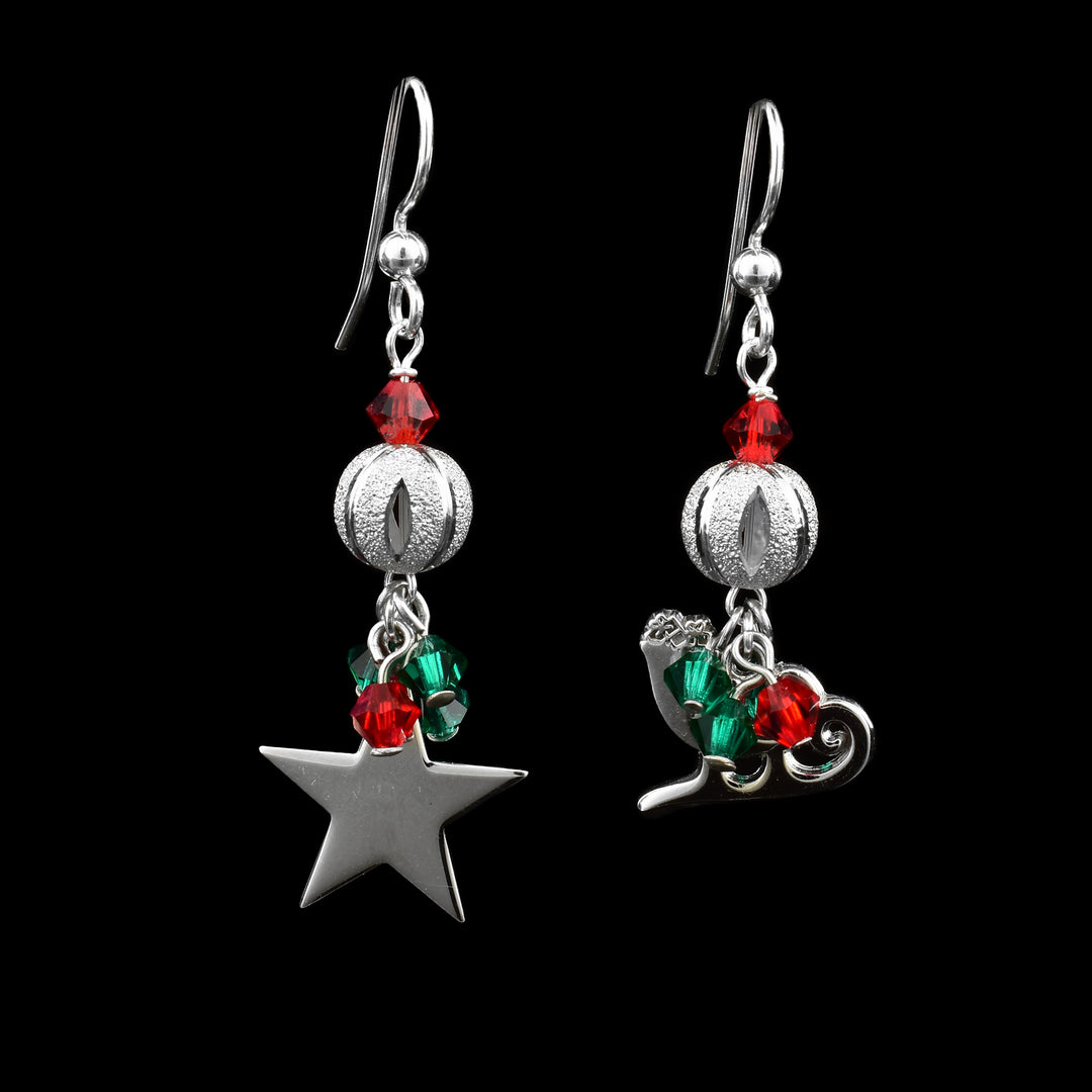 Star and Sleigh Christmas Earrings with red and green decorative beading.