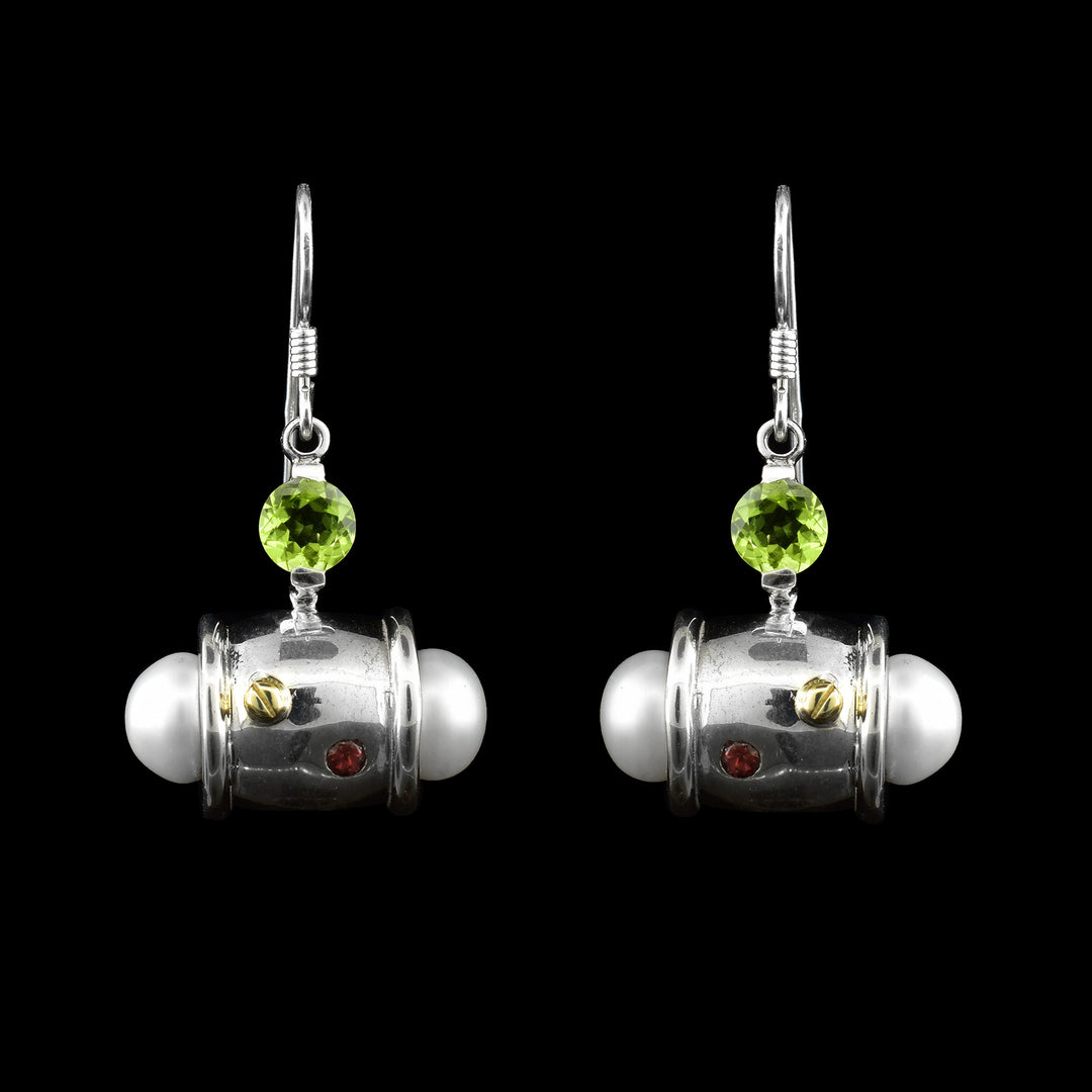 handcrafted statement earrings by artist Ivan Dobren. Featuring freshwater pearls, sterling silver, garnet, 14k gold, and vibrant green peridot.