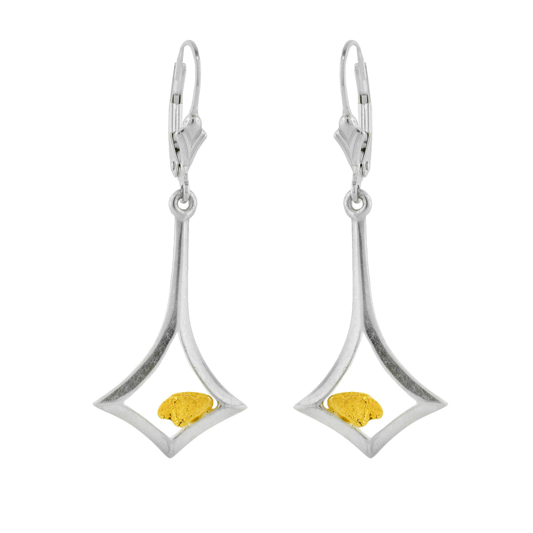 Sterling Silver & 22K Gold Nugget Diamond-Shaped Earrings, the gold nuggets sit inside the diamond shaped earring.