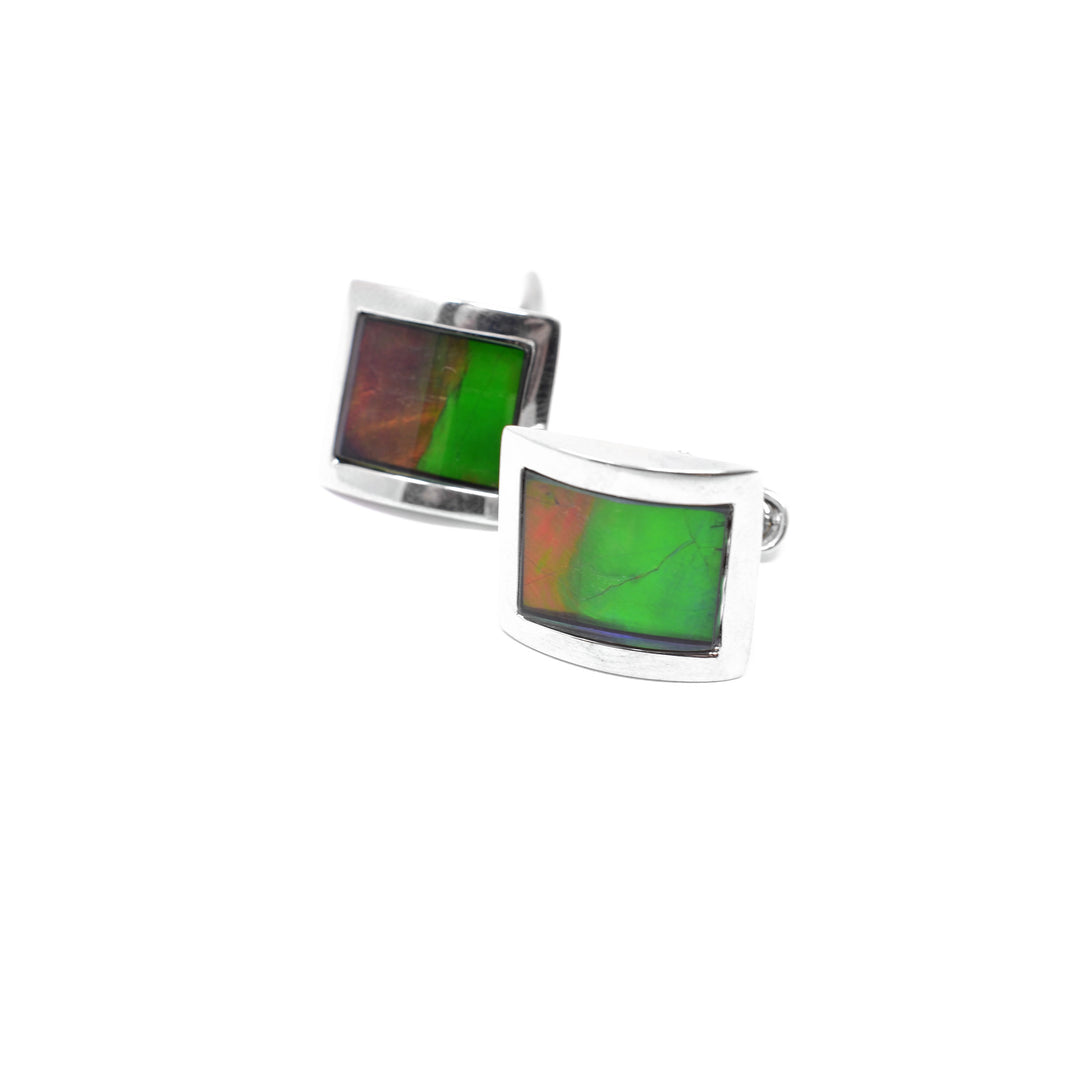Sterling silver frames ammolite. Cufflinks are square. Each cufflink measures 0.5” x 0.5”.