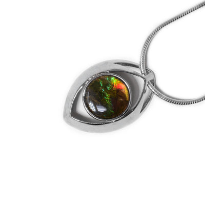 Sterling silver eye-shaped frame with hole in sides on left end for chain to go through. Round ammolite set in middle. Ammolite changes colour depending on how you look at it.