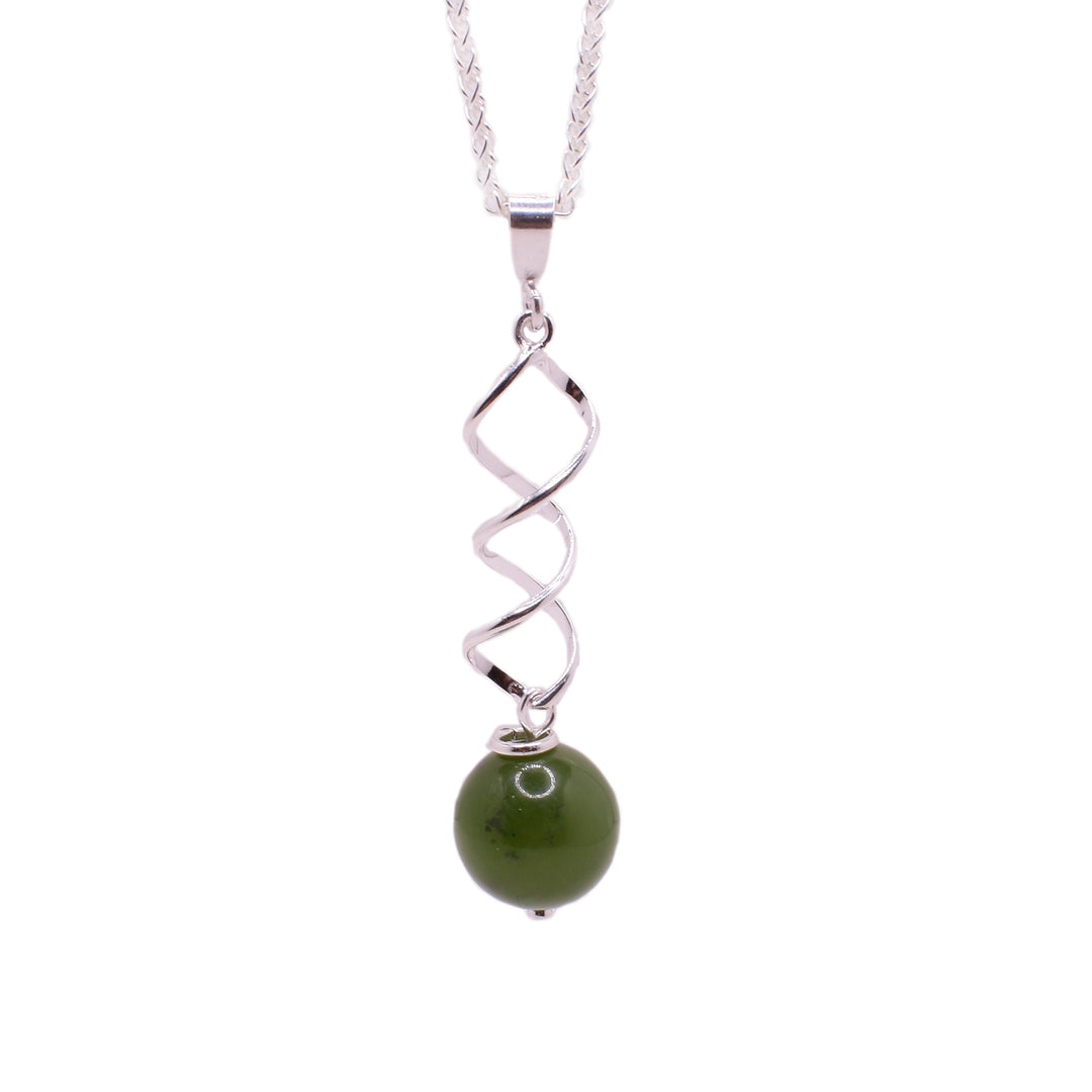 Sterling silver twists down to a round BC jade bead. Minimalist design.