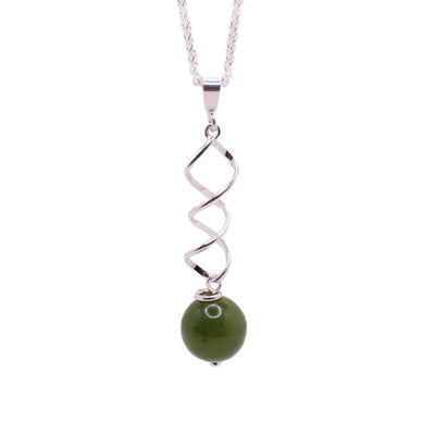 Sterling silver twists down to a round BC jade bead. Minimalist design.